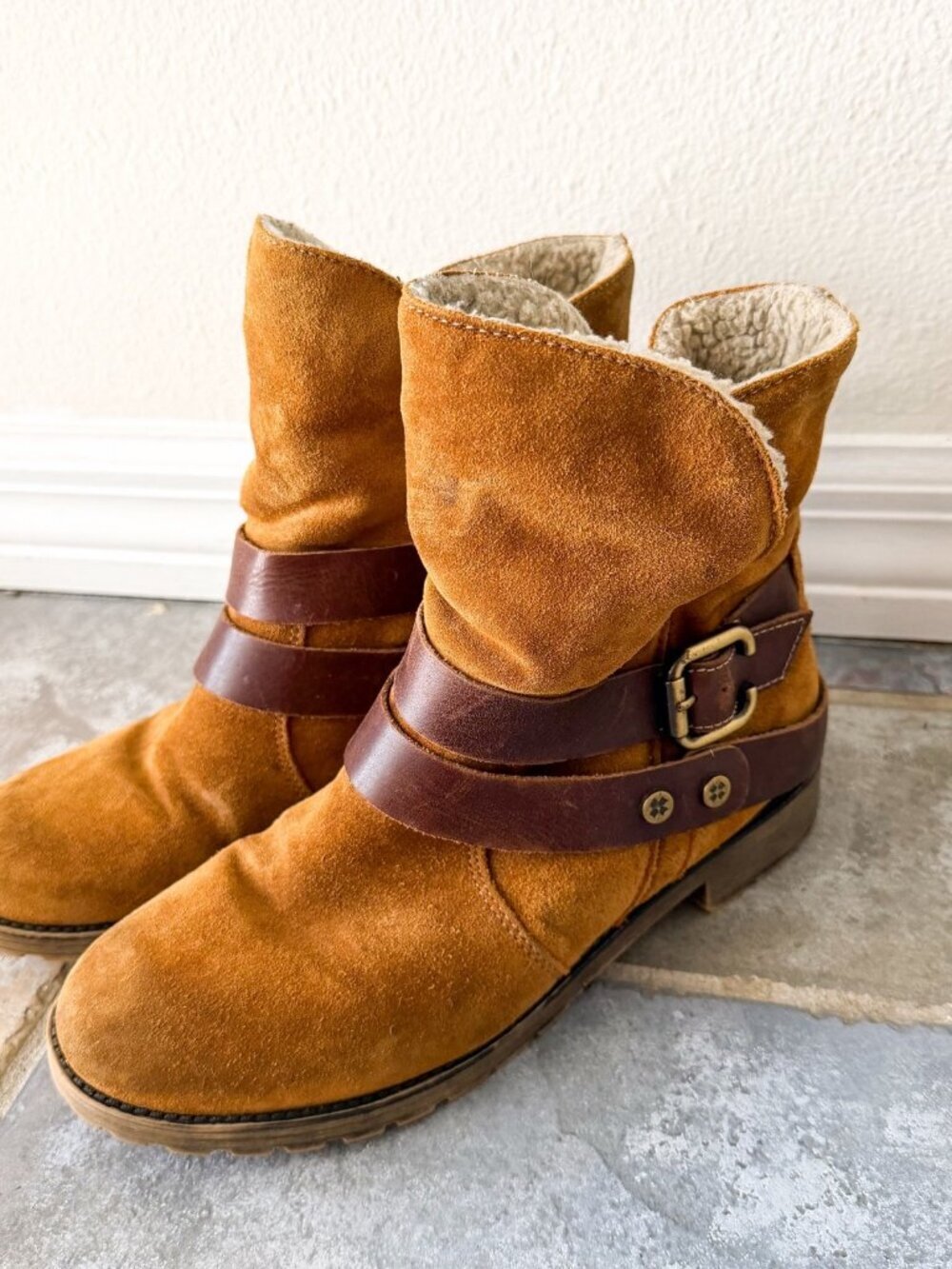 Naturalizer Talley Leather Suede Moto Boots Shearling Lined Brown Buckle 8M